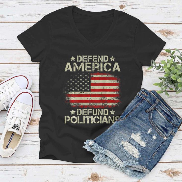 Vintage Usa Flag Defend America Defund Politicians Women V-Neck T-Shirt