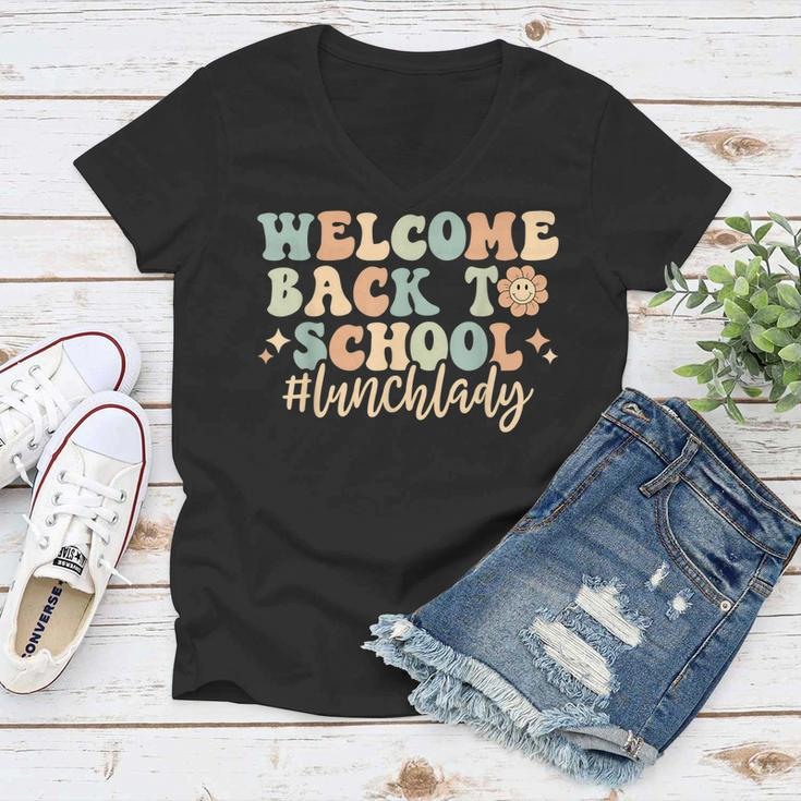 Welcome Back To School Lunch Lady Retro Groovy Women V-Neck T-Shirt