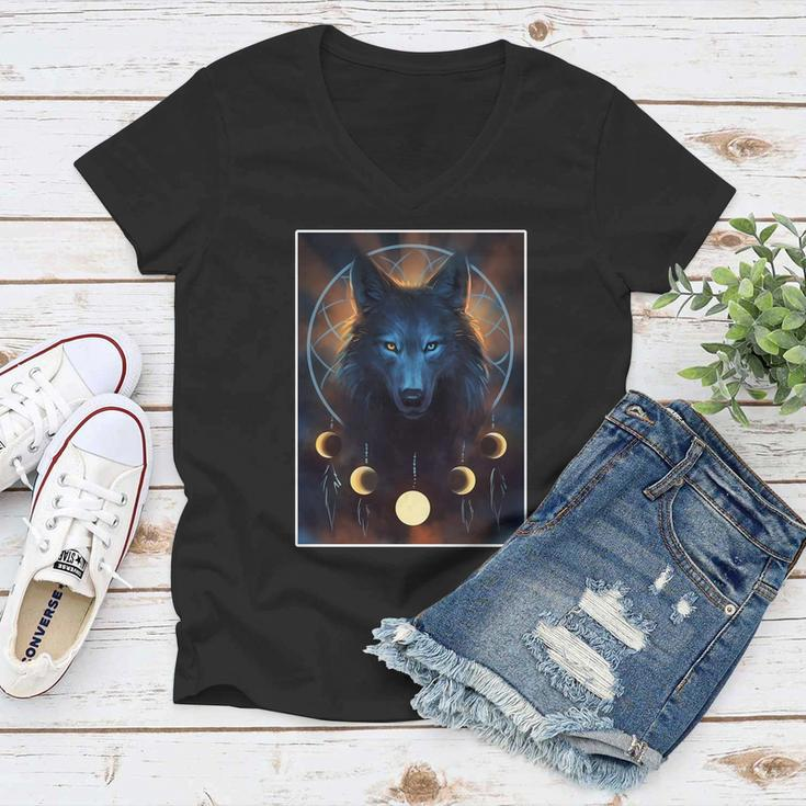 Wolf Dream Catcher Moon Phases Tshirt Women V-Neck T-Shirt
