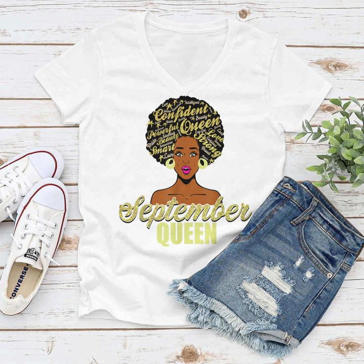 Black African American Melanin Afro Queen September Birthday Women V-Neck T-Shirt