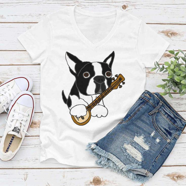 Funny Boston Terrier Dog Playing Banjo Women V-Neck T-Shirt