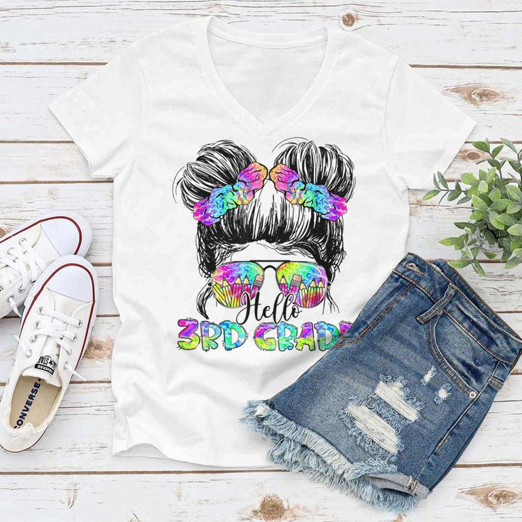 Messy Bun Hair Tie Dye Rainbow Kids Girls Hello Third Grade V2 Women V-Neck T-Shirt