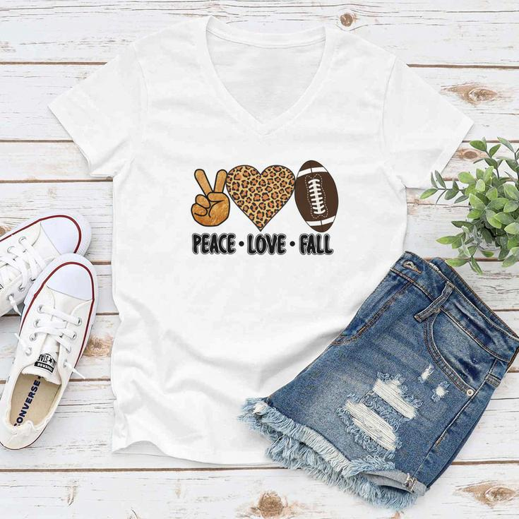 Peace Love Fall Football Leopard Heart Women V-Neck T-Shirt