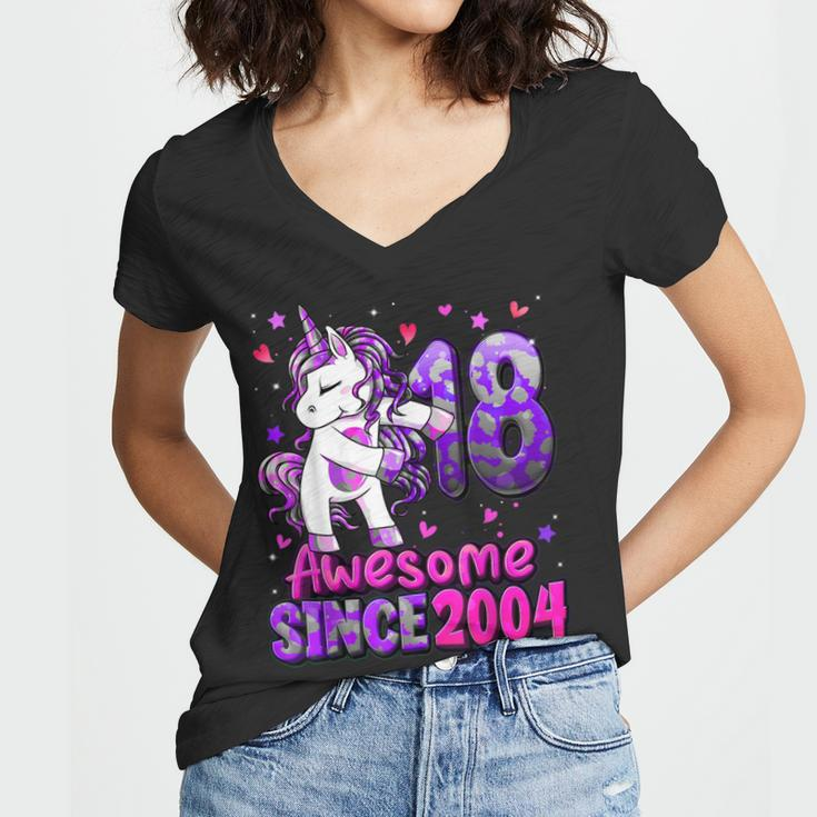 18 Years Old Unicorn Flossing 18Th Birthday Girl Unicorn Women V-Neck T-Shirt