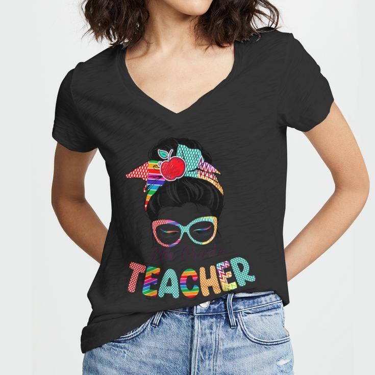 7Th Grade Teacher Funny Messy Bun Hair Women  Women V-Neck T-Shirt