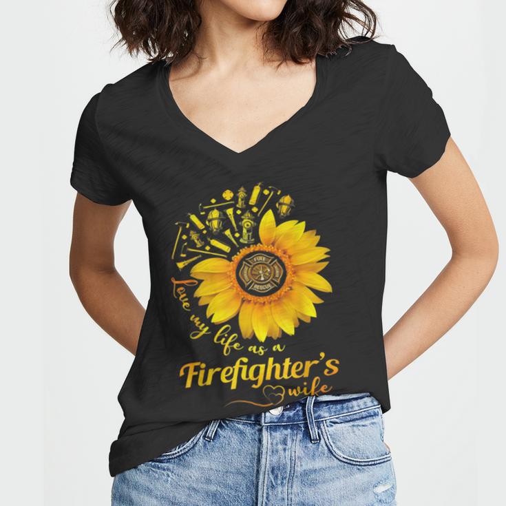 Firefighter Sunflower Love My Life As A Firefighters Wife Women V-Neck T-Shirt