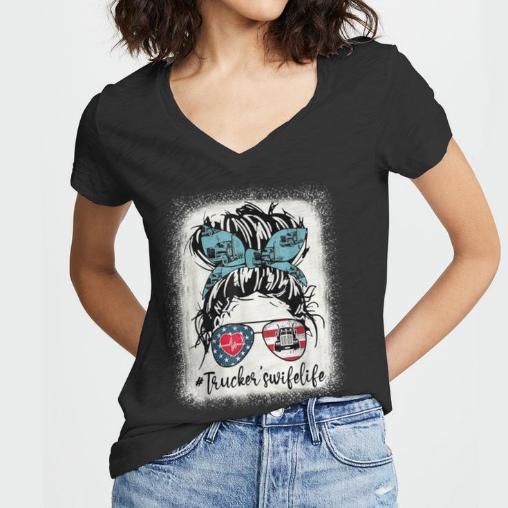 Trucker Trucker Wifes Life Bleached Shirt Messy Bun Hair Women V-Neck T-Shirt