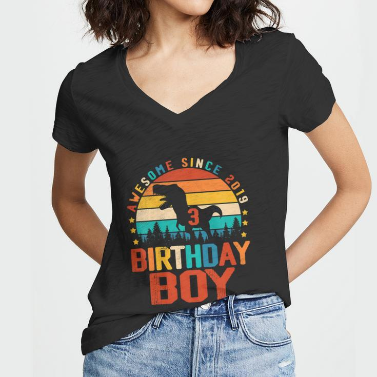 3Rd Birthday Funny Dinosaur 3 Year Old Women V-Neck T-Shirt