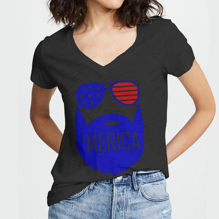 4Th Of July Merica Bearded Glasses Proud American Women V-Neck T-Shirt