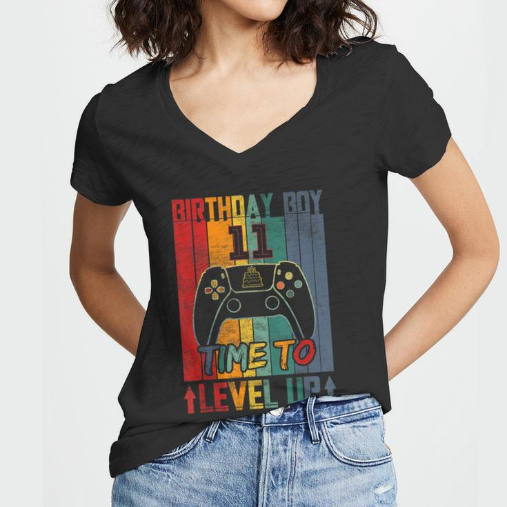 Birthday Boy 11 Time To Level Up 11 Birthday 11 Year Old Cool Gift Women V-Neck T-Shirt