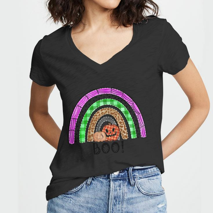 Boo Pumpkin Rainbow Halloween Quote Women V-Neck T-Shirt