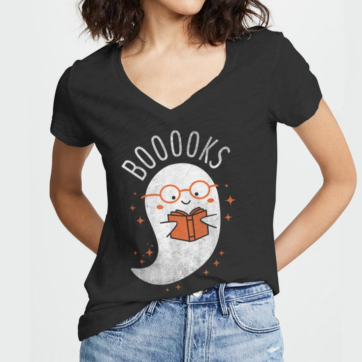 Booooks Ghost Funny Halloween Teacher Book Library Reading V3 Women V-Neck T-Shirt