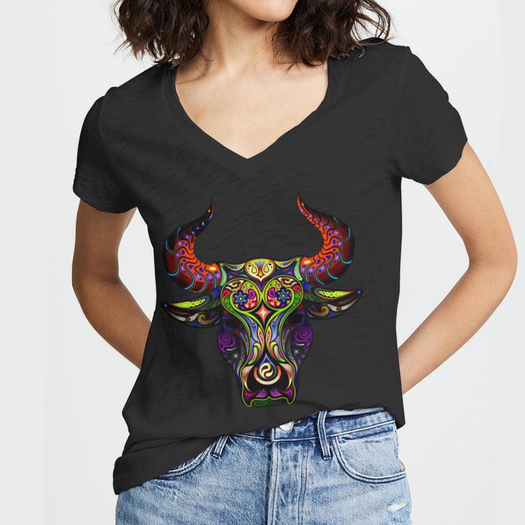 Bull Silhouette Head And Horns Women V-Neck T-Shirt