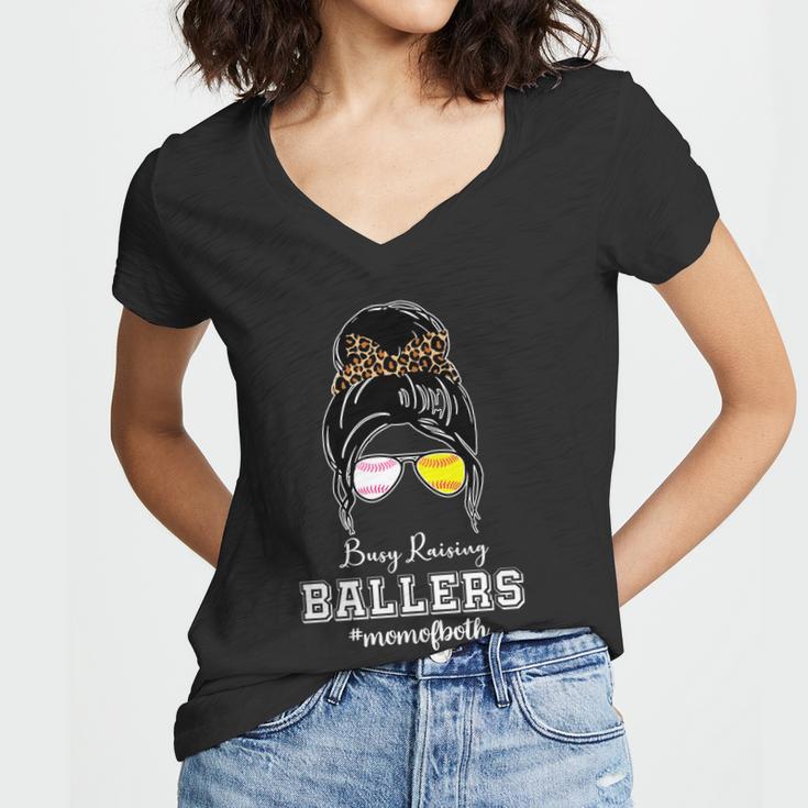 Busy Raising Ballers Mom Of Both Baseball Softball Messy Bun Sticker Features De Women V-Neck T-Shirt