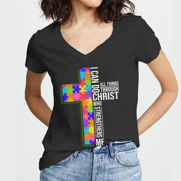 Can Do All Things Through Christ Autism Awareness Women V-Neck T-Shirt
