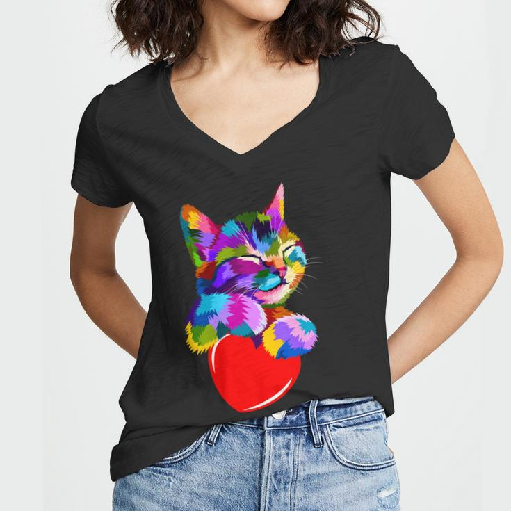 Colorful Cat Full Of Love Kitten Lovers Women V-Neck T-Shirt