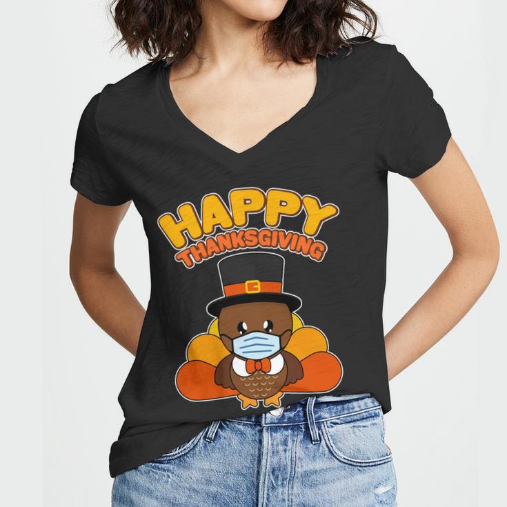 Cute Happy Thanksgiving Quarantine Turkey Mask Tshirt Women V-Neck T-Shirt