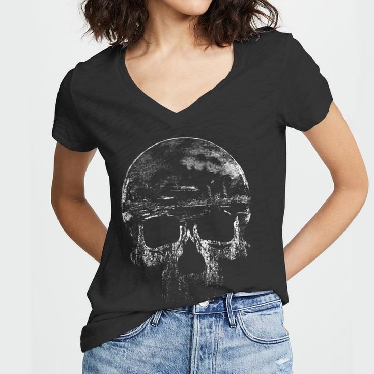 Distressed Skull Graphic Women V-Neck T-Shirt