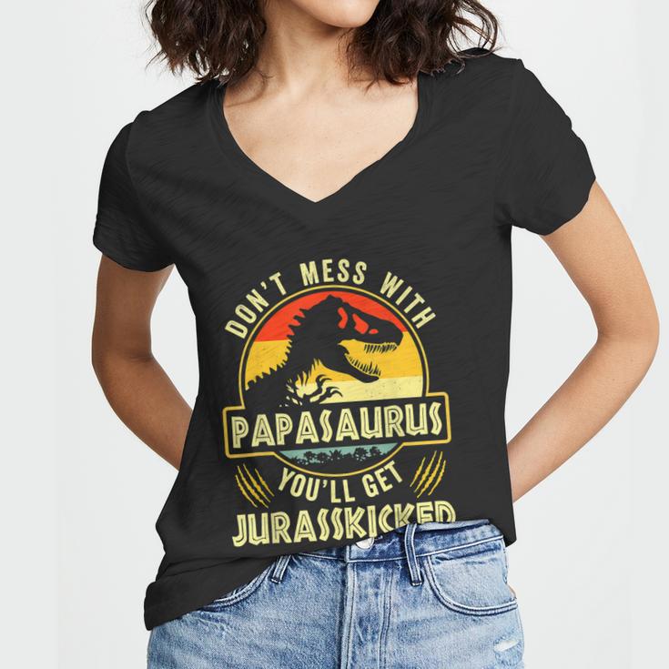 Dont Mess With Papasaurus Youll Get Jurasskicked Fathers Day Women V-Neck T-Shirt