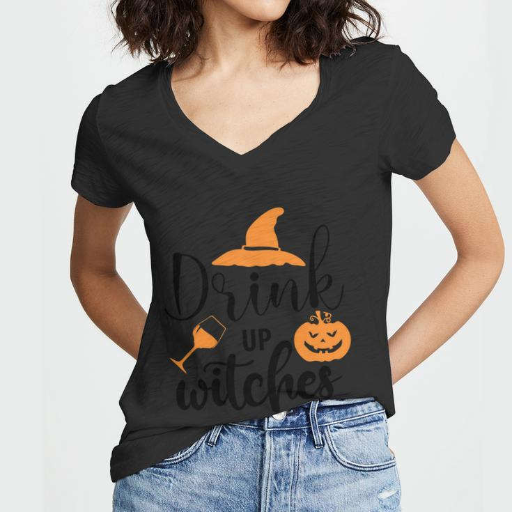 Drink Up Witches Witch Hat Pumpkin Halloween Quote Women V-Neck T-Shirt