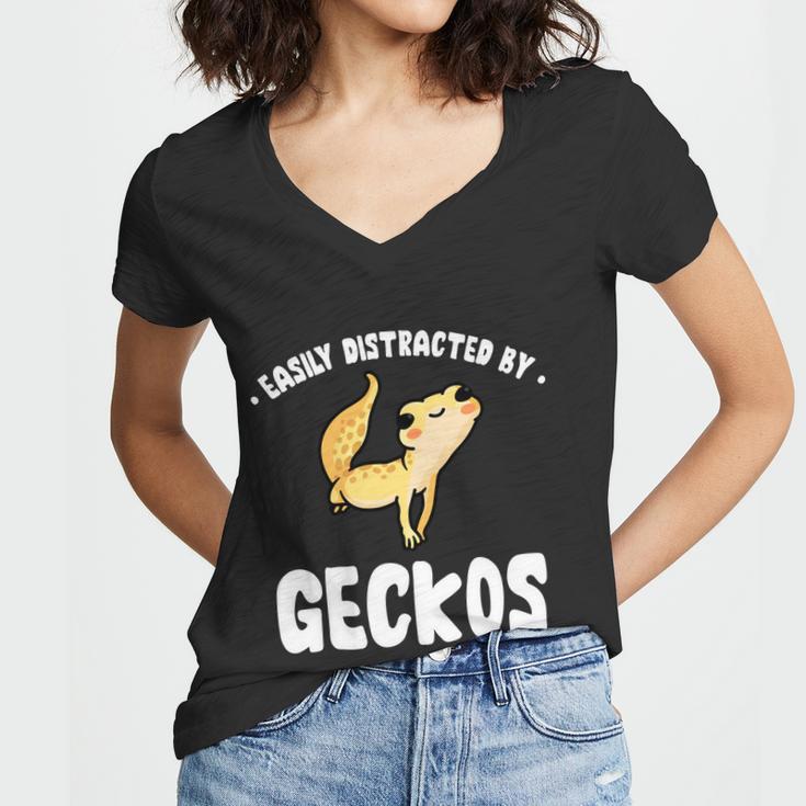 Easily Distracted By Geckos Funny Leopard Gecko Lizard Lover Cool Gift Women V-Neck T-Shirt