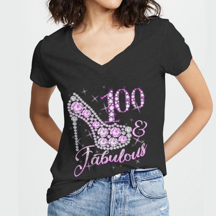 Fabulous & 100 Sparkly Shiny Heel 100Th Birthday Tshirt Women V-Neck T-Shirt