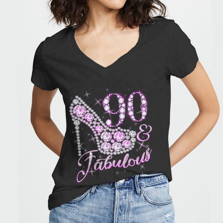 Fabulous & 90 Sparkly Shiny Heel 90Th Birthday Tshirt Women V-Neck T-Shirt