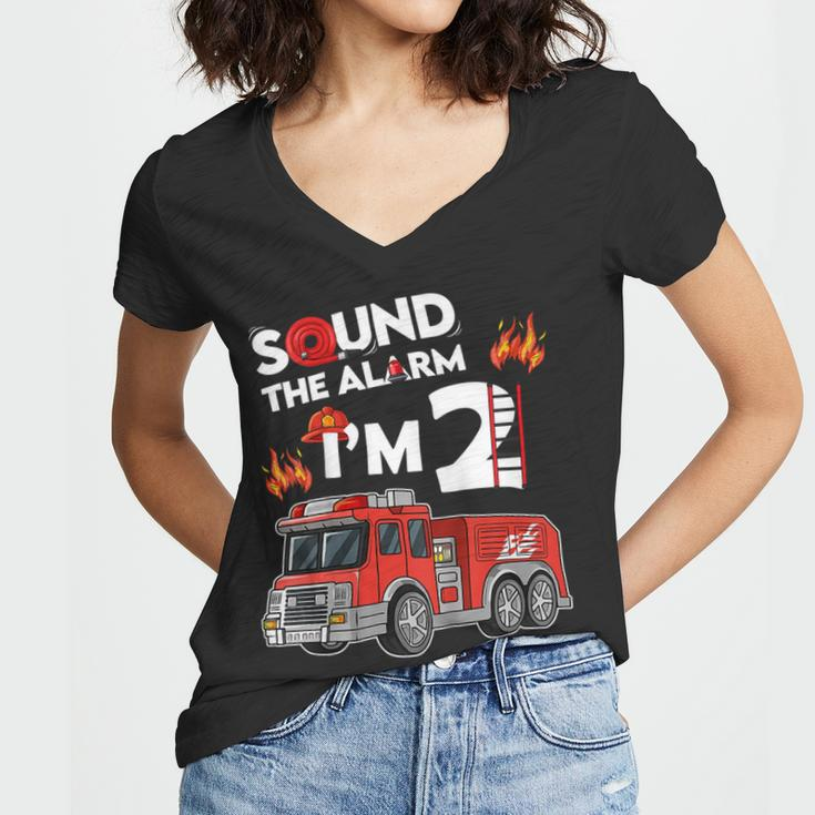 Firefighter Sound The Alarm Im 2 Little Firefighter 2Nd Birthday Women V-Neck T-Shirt