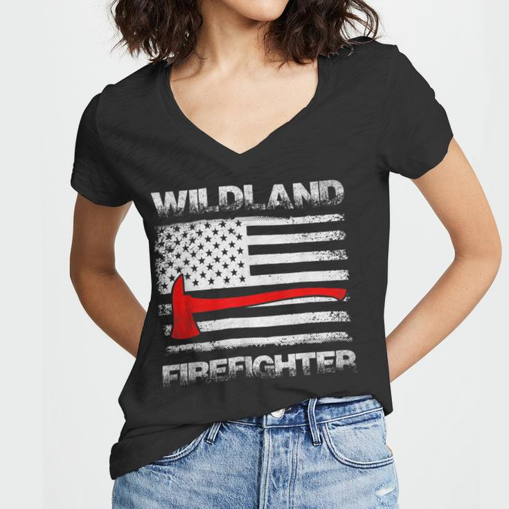 Firefighter Thin Red Line Wildland Firefighter American Flag Axe Fire_ Women V-Neck T-Shirt