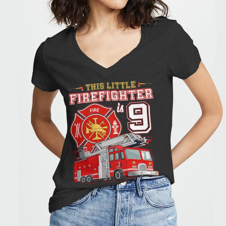 Firefighter This Little Firefighter Is 9 Years Old 9Th Birthday Kid Boy Women V-Neck T-Shirt