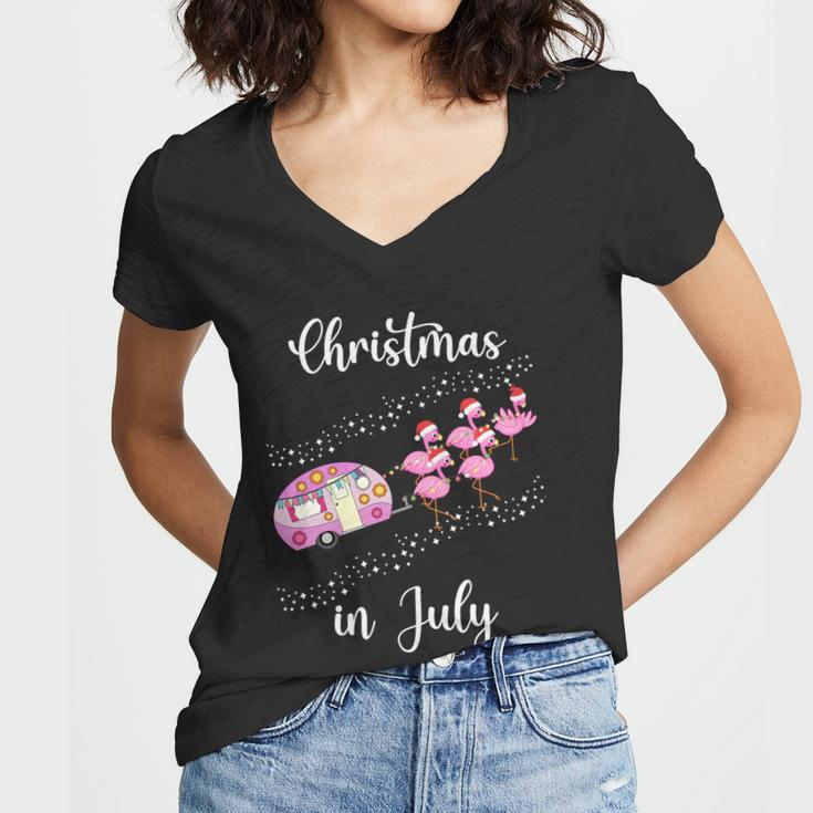Funny Flamingo Pink Retro Camping Car Christmas In July Great Gift Women V-Neck T-Shirt