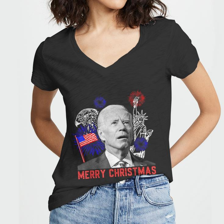 Funny Joe Biden Happy Christmas In July Usa Flag V2 Women V-Neck T-Shirt