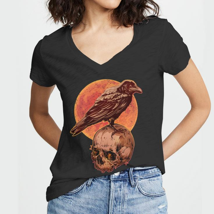 Halloween Cool Raven Crow Skull And Moon Women V-Neck T-Shirt