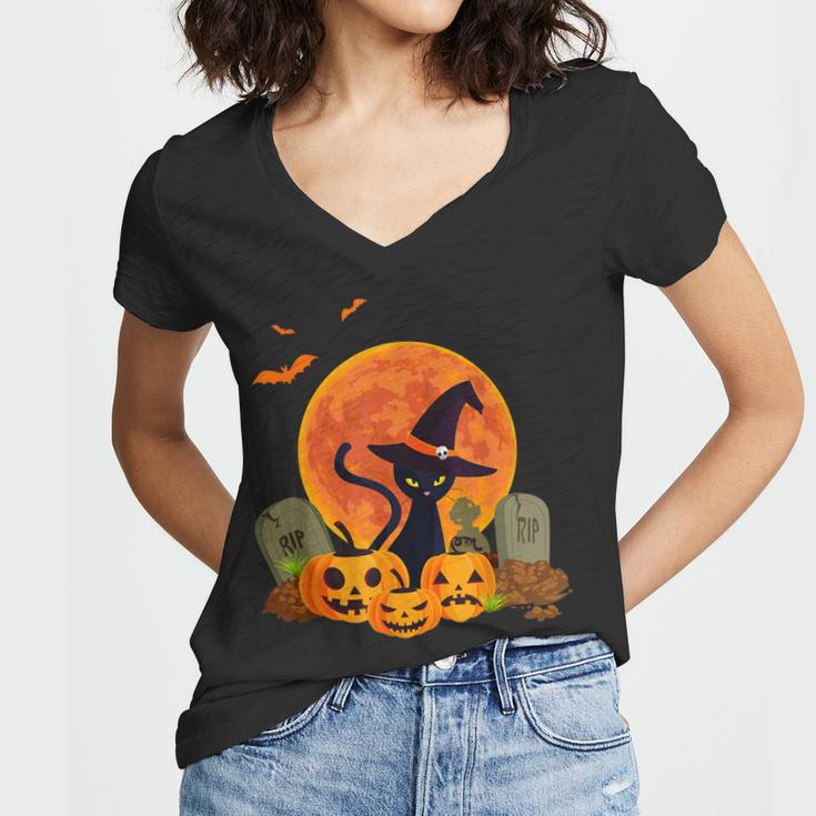 Halloween Cute Witch Cat Mom Pumpkin Graveyard Spooky Cat Women V-Neck T-Shirt