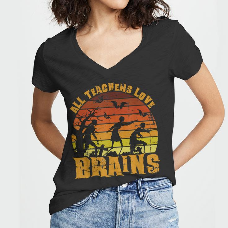 Halloween School Teacher All Teachers Love Brains Women V-Neck T-Shirt
