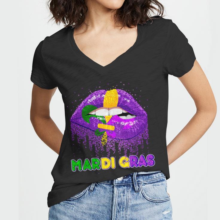 Mardi Gras Sparkle Lips Women V-Neck T-Shirt