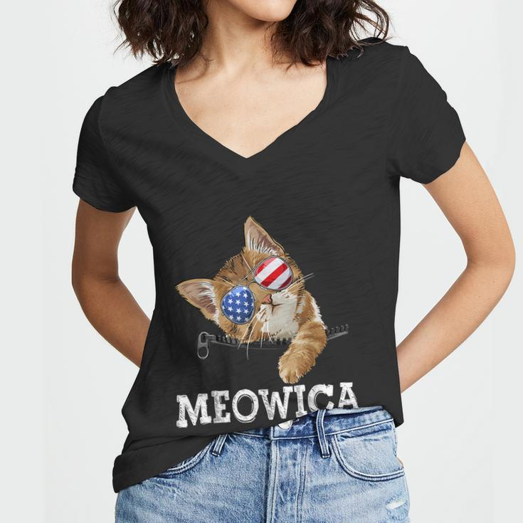 Meowica American Flag Cool Joke Cat Sunglusses 4Th Of July Women V-Neck T-Shirt