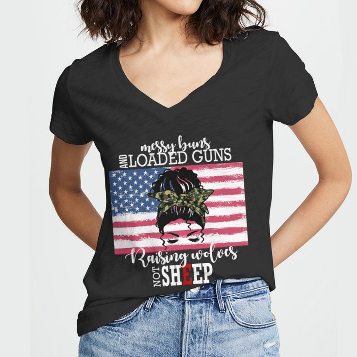 Messy Buns And Loaded Guns Raising Wolves Not Sheep Tshirt Women V-Neck T-Shirt