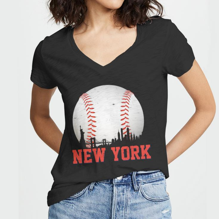 New York Skyline Baseball Sports Fan Women V-Neck T-Shirt