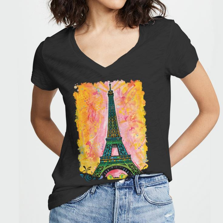 Paris France Colorful Eiffel Tower Women V-Neck T-Shirt