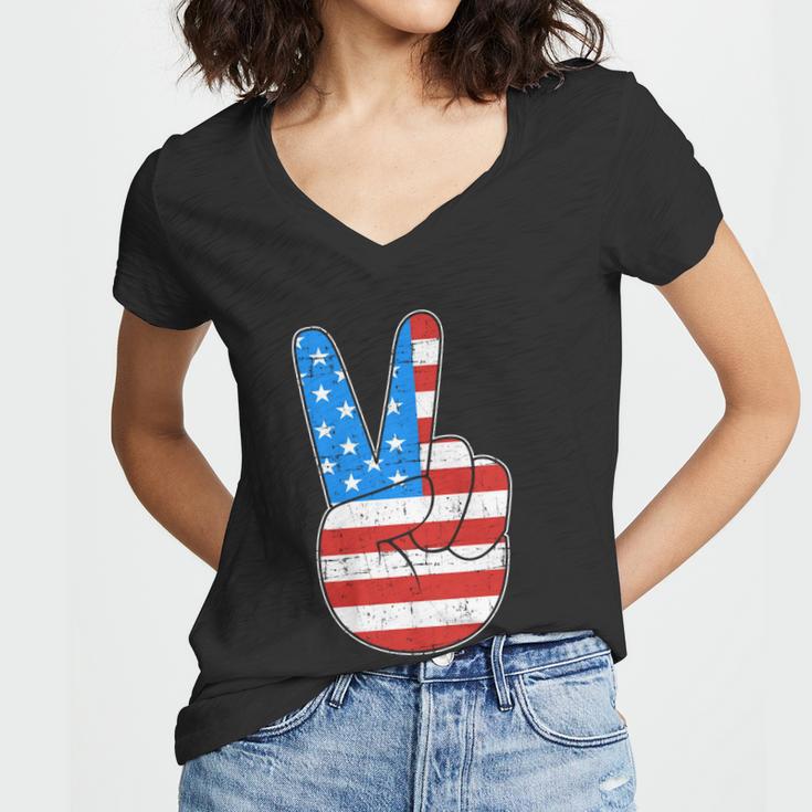 Peace Hand Sign With Usa American Flag For 4Th Of July Funny Gift Women V-Neck T-Shirt