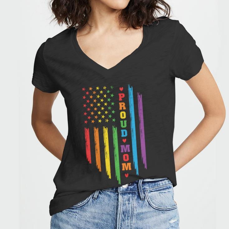 Proud Mom Rainbow Distressed Usa Pride Month Lbgt Women V-Neck T-Shirt