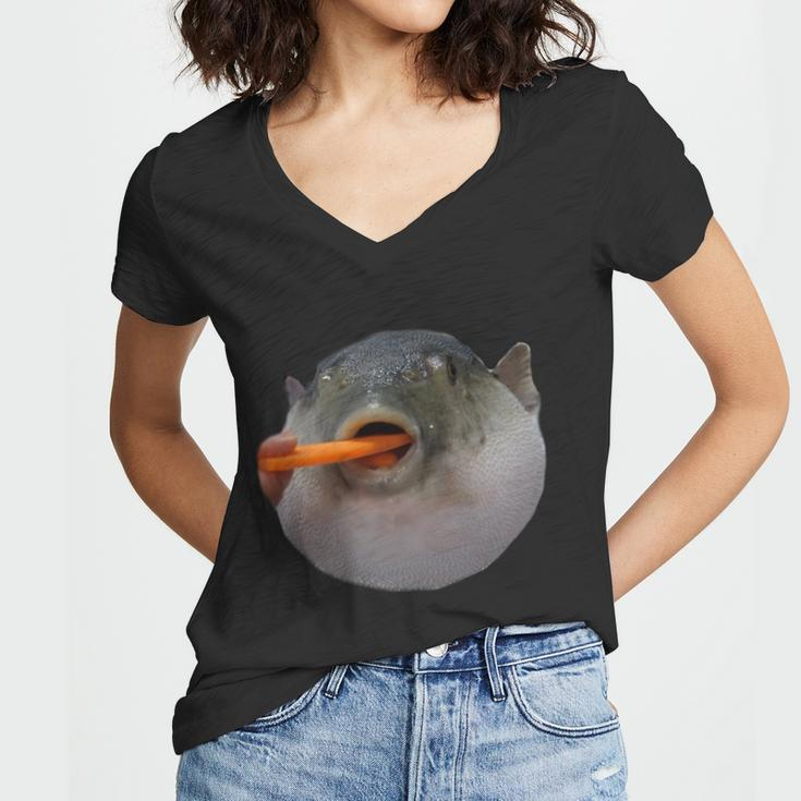 Pufferfish Eating A Carrot Meme Funny Blowfish Dank Memes Gift Women V-Neck T-Shirt