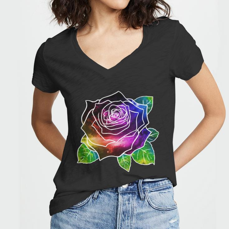 Rainbow Galaxy Floral Rose Women V-Neck T-Shirt