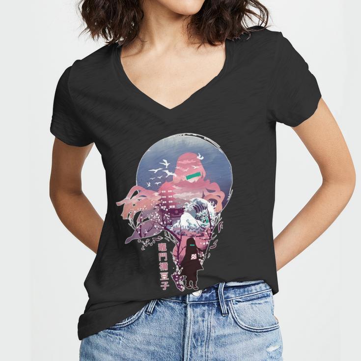 Slayers Demon Anime Nezuko Vaporwave Women V-Neck T-Shirt