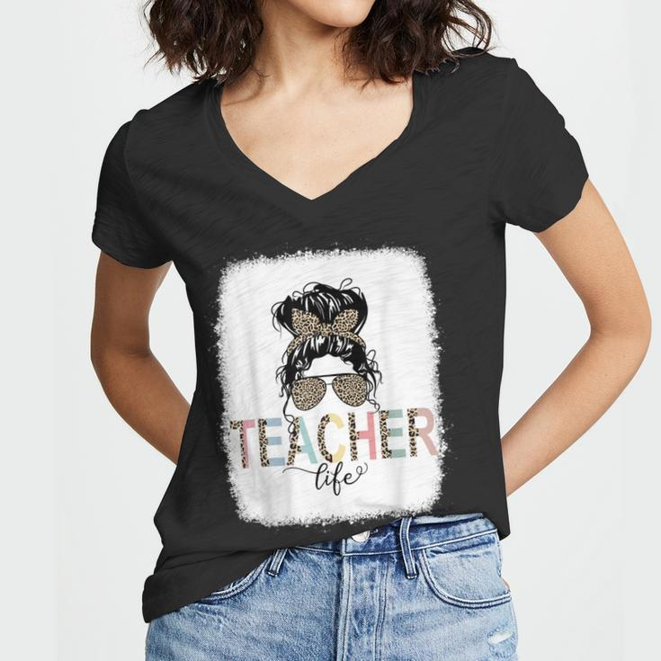 Teacher Life Bleached Teacher Life Royal Messy Bun  Women V-Neck T-Shirt