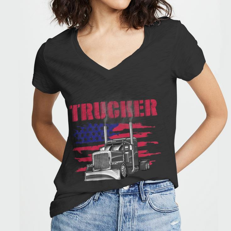 Trucker Truck Driver American Flag Trucker Women V-Neck T-Shirt