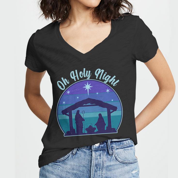 Vintage Christmas Oh Holy Night Nativity Scene Women V-Neck T-Shirt