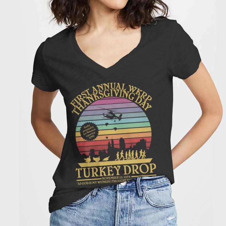 Wkrp Thanksgiving Turkey Drop Funny Retro Tshirt Women V-Neck T-Shirt