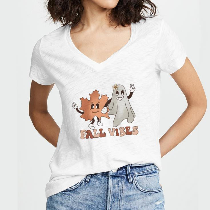 Fall Vibes Leaf And Boo Women V-Neck T-Shirt